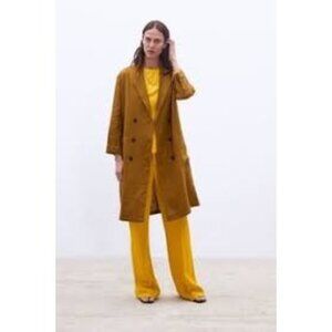 ZARA Womens Medium Double-Breasted Linen Coat Gold Brown
